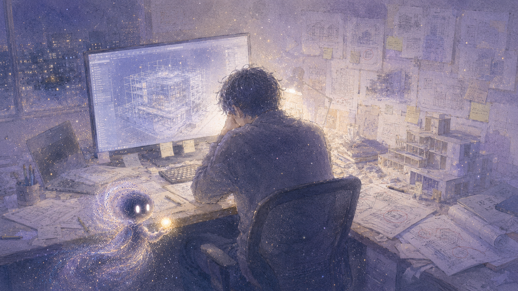 深夜の設計スタジオで試行錯誤を続ける当事者と寄り添うドリー